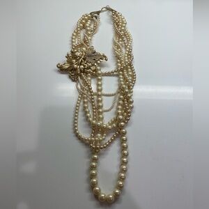 Elegant Vintage Faux Pearl Torsade Multi-Strand Necklace w/ Detachable Pin